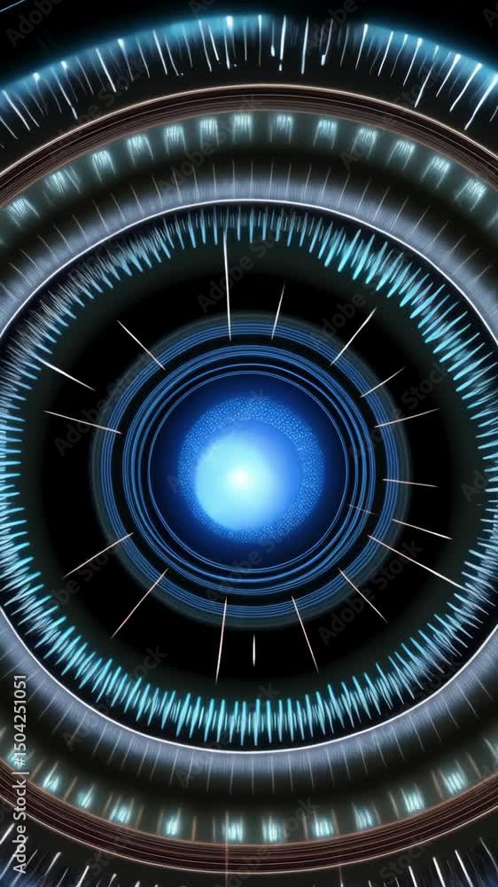 Poster abstract futuristic portal with concentric rings emitting light and data, generating digital waves, 