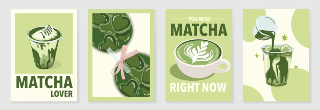 Matcha drinks poster design vector set. collection wallpaper with matcha latte, purematcha. Illustration for promotion, marketing, package, ads.