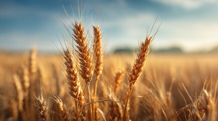 Fototapeta premium Golden wheat stalks in a sunlit field, shallow depth of field highlighting the foreground stalks against a blurred background of ripening grain under a partly cloudy sky
