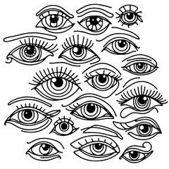 Set of female eyes. Hand drawn illustration isolated on white background. Collection of women's eyes. Different types of eyes, women's eyes. Different types of eyes. 