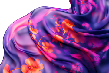 purple silk fabric with floral motif on transparent background