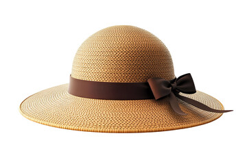 Straw hat with brown bow isolated on transparent background
