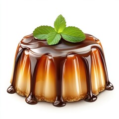 Delicious caramel pudding dessert with glossy chocolate glaze topped with fresh green mint leaves on a white background