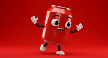 Fototapeta premium Cheerful Cartoon Soda Can Character Design Fun, Playful 3D Render of a Red Aluminum Can