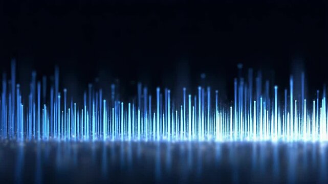 Blue light bars with reflection and digital data visualization on dark background for technology