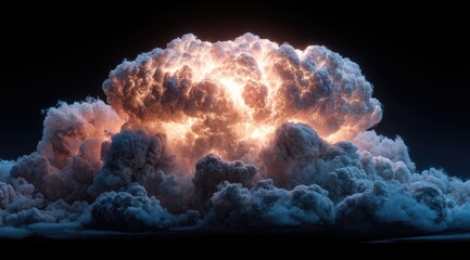 A massive, glowing orange and grey cloud formation dominates a dark background, resembling a powerful explosion or cataclysmic event, with swirling smoke and intense light emanating from its core
