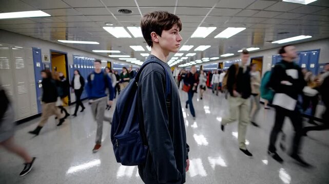 Teenage boy standing still in crowded school hallway during day timelapse