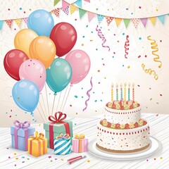 Festive Birthday Celebration Cake Balloons and Gifts