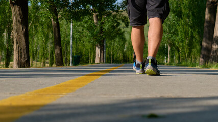 Man walking on a sunny path surrounded by green trees