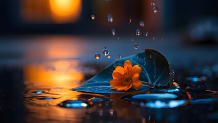 Orange Flower Sheltered Under Dark Leaf Umbrella in Rain at Sunset