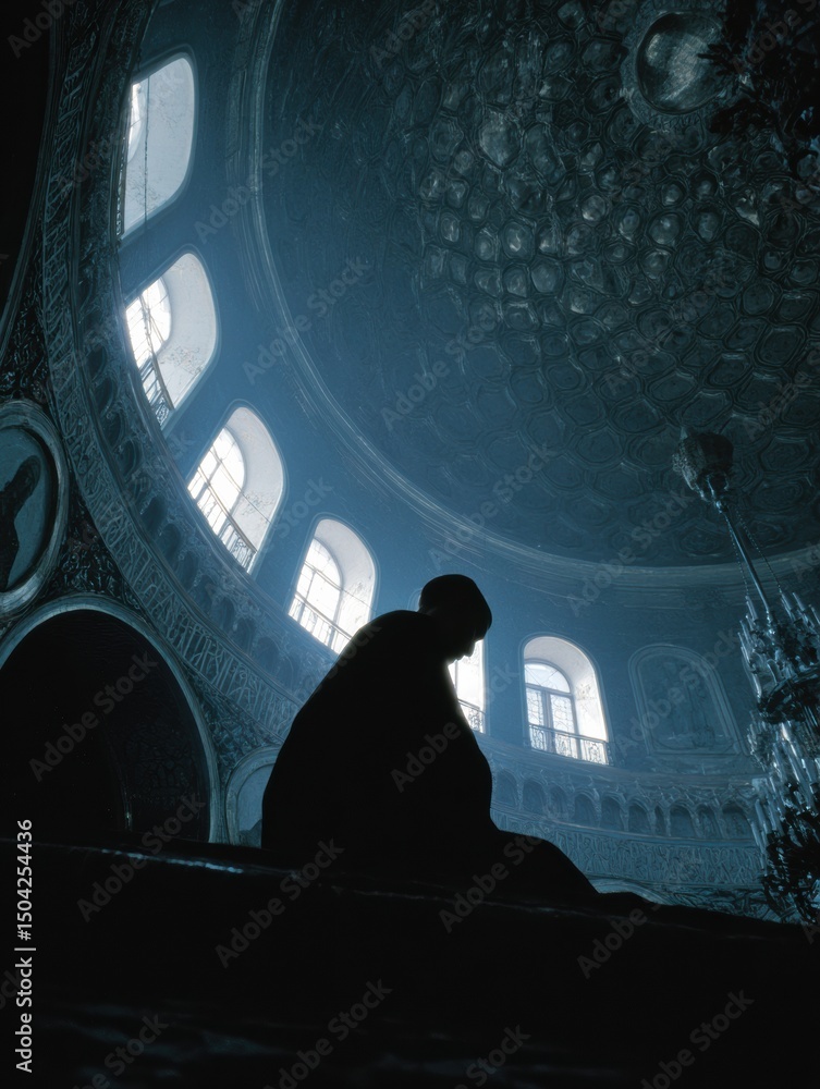 Poster silhouette of a monk in contemplation against the backdrop of an open dome at twilight