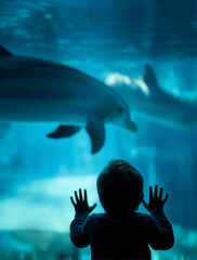 Fototapeta premium child pressing hands against glass, looking at dolphin behind aquarium window, awareness and captivity and freedom