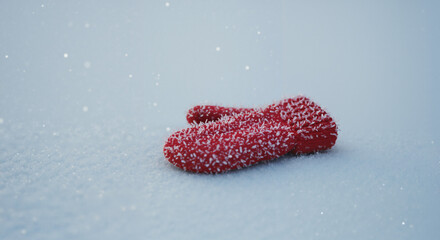 Lost red mitten in snow, symbol of winter and childhood