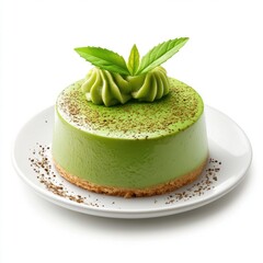 Elegant green mousse cake with chocolate dusting and mint leaves on white plate ideal for desserts and dessert presentation