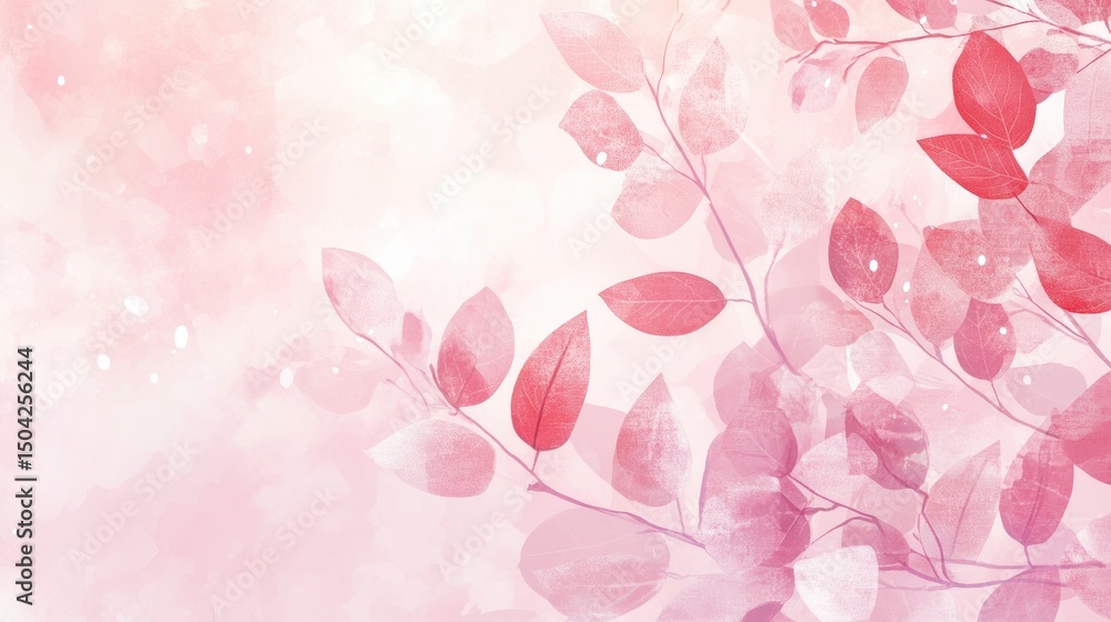 Poster soft pink background with delicate leaves and abstract design elements