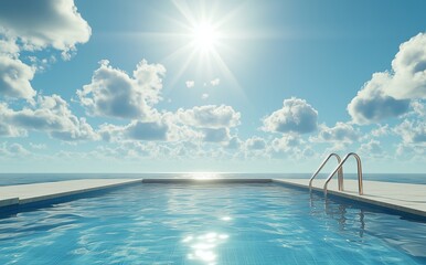a swimming pool with a blue sky and sea in the background