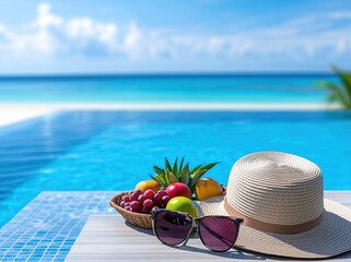 a poolside scene with a hat, sunglasses, and fruit on the table