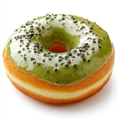 Close-up of a glazed donut with green icing and chocolate sprinkles on a white background, showcasing detailed texture and vibrant colors in high resolution