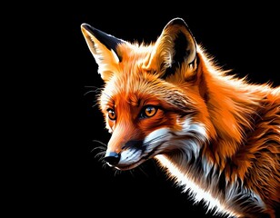 wild fox standing isolated on black background, red fox animal in alert pose, beautiful fox with bushy tail 