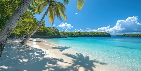 Tropical beach with palm trees and clear blue water on a sunny day. 
