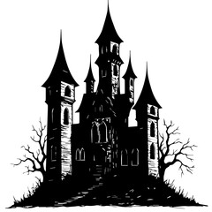 Obraz premium Spooky Halloween graveyard scene with bare trees and tombstones. Halloween illustration features dark silhouettes of spooky trees and old tombstones. This Halloween graveyard scene is perfect for part