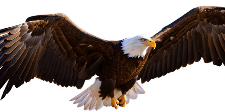 a bald eagle wings spread in flight isolated on white background PNG