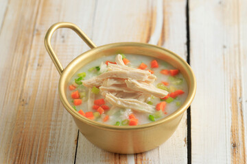 Korean Dakjuk Porridge, Chicken Congee with Shredded Chicken, Carrot, and Spring Onion