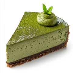 Delicious matcha green tea cheesecake slice with a smooth creamy filling a crunchy base and garnished with fresh mint leaves for a refreshing dessert option