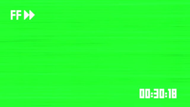 VHS tape fast forward arrows icon symbol effect on 4k green backdrop Film overlay animation with chroma key with time code on screen retro vintage