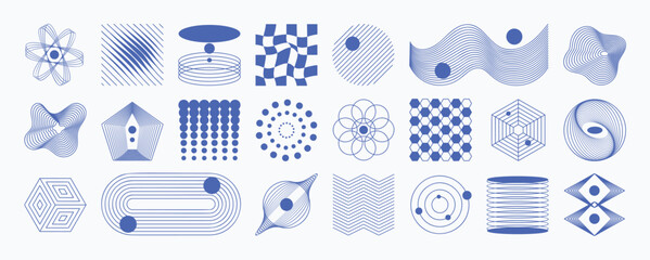 Plakat Abstract minimal element mid century vector set. Aesthetic contemporary stripe line art, geometric shape in blue. Art form design for wall art, decoration, wallpaper. 