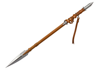 Handmade tribal spear with wooden handle and sharp metal tip, suitable for survival or fantasy themes. Generative AI