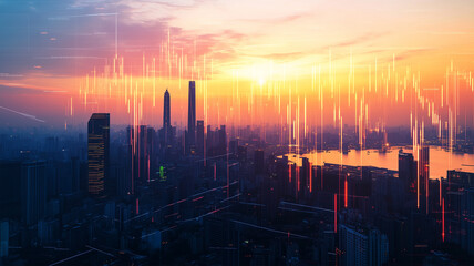 朝焼けと株価チャートの都市展望