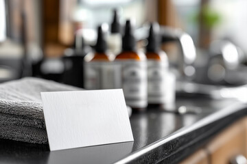 A neatly placed card on a textured towel sets a refined scene in a spa or grooming area. Nearby, organized beauty products enhance the tranquil ambiance, inviting relaxation and self-care.
