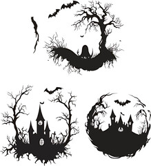 Fototapeta premium Haunting silhouettes of spooky castles and bats for Halloween decoration.