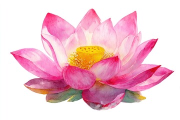 Watercolor lotus flower with pink petals and yellow center on white background. Zen meditation and yoga concept. Buddhist symbol for World Yoga Day, Vesak Day, mental health. High quality