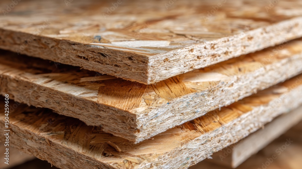 Poster Stack of Oriented Strand Board Sheets Neatly Arranged Showing Clean Upper Surface and Texture Detail in a Workshop Setting