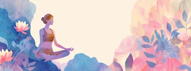 Watercolor Yoga Day banner of woman in lotus pose. High quality