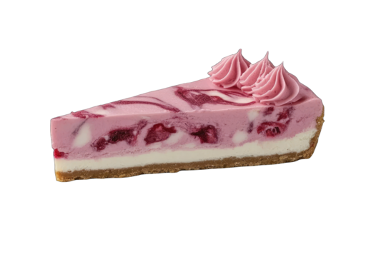 A slice of swirled pink and white cheesecake, featuring a graham cracker crust and topped with three pink swirls of frosting