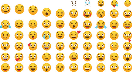 Create a kinds of Set of Emoticon. Emoji big collection. Yellow smiley, sad emotion, cry emotion, cartoon emoticons and more, Vector art with white background.