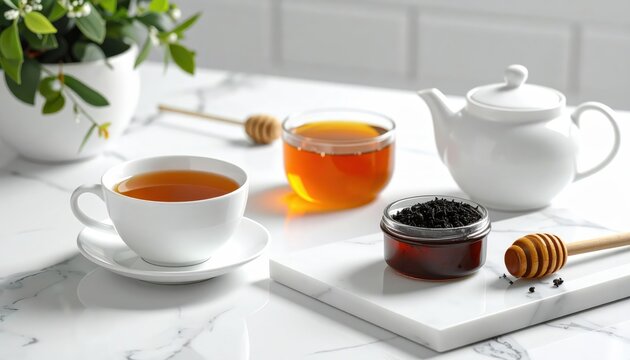 Elegant tea set with two cups of tea honey jar and teapot on a white marble countertop in bright modern kitchen - Powered by Adobe