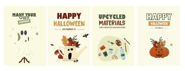 Fototapeta premium DIY Halloween Upcycled Materials Creative Costume poster Collection. DIY Halloween design set. Eco-friendlty halloween concept set. Eco-conscious halloween ideas. Flat style. Vector illustration