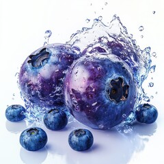 Fresh blueberries splashing in water with droplets and dynamic motion, close-up macro shot showcasing vibrant colors, juicy texture, and refreshing appeal