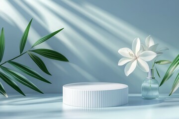 White cylindrical podium on a pastel blue background for product display presentation mockup design, a minimal scene illustration vector concept with a geometric platform and shadows in a studio room 