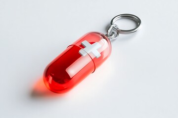 A red capsule shaped keychain with a white cross symbol on a white background close up studio shot
