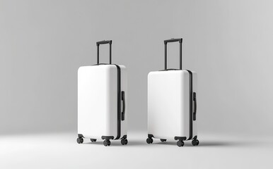 White mockup of a suitcase on wheels, front and back view isolated on a white background, simple design, minimalism, 3D rendering illustration. 