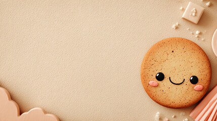 Cute Kawaii Cookie with Face on Soft Beige Background