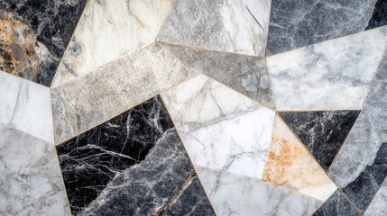 Geometric mosaic of various marble tones.