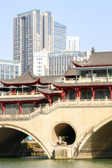Partial vertical shot of the iconic ancient Chinese Anshun Bridge on the Jinjiang River, famous landmark of Chengdu, capital of Sichuan and one of China’s mega cities
