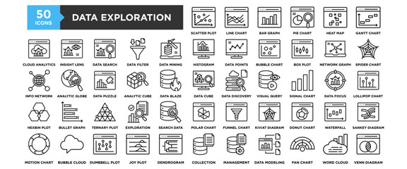 50 Data Exploration icon collection set. Containing design data, technology, digital, business, research, explore	