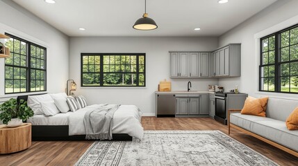 Fototapeta premium Fully furnished studio with open layout, cozy seating, and compact kitchen design